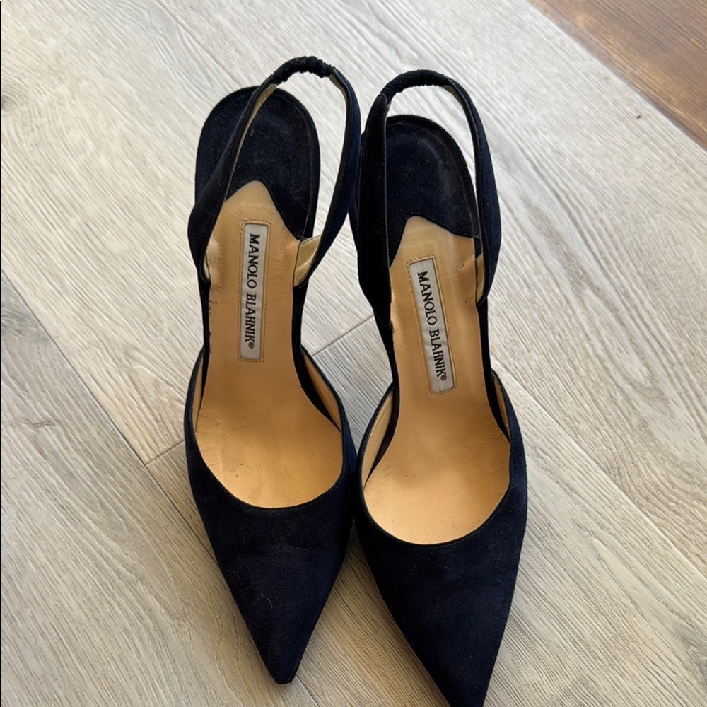 Manolo Blahnik Navy Suede Slingback Heels